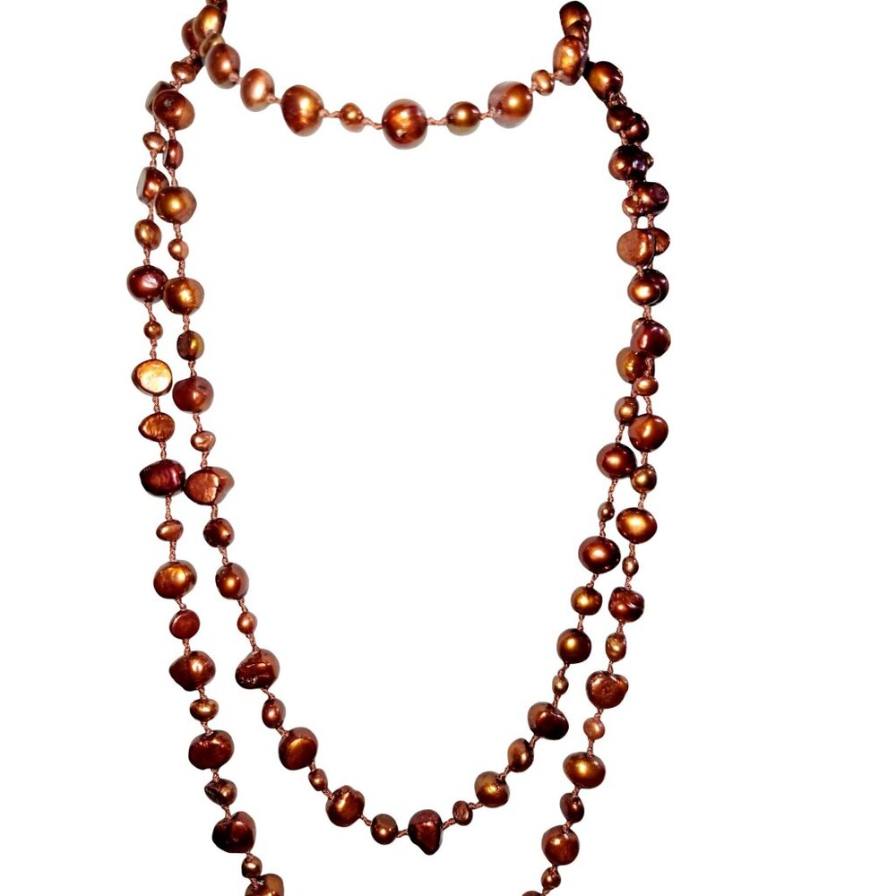 42" Long Baroque Pearl Necklace Ardent Chocolate Brown Hand Knotted - Picture 2 of 5